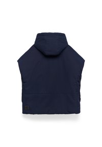 Granatowa, pikowana kamizelka z kapturem o zaokrąglonym kształcie i prostym designie. Charakteryzuje się teksturowanym materiałem oraz małą metką z logo przy dolnym brzegu.
