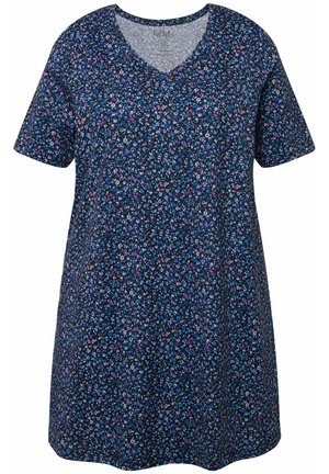 Lyhythihainen mekko tummansinisestä kankaasta, jossa on vaaleanpunaisia ja sinisiä kukkia. V-pääntie ja rento malli, sileä pinta.
