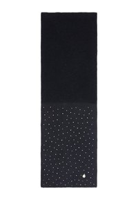 Scarf nera lavorata a maglia con una parte superiore liscia e una sezione inferiore testurizzata caratterizzata da pois argentati, strutturata in forma rettangolare.