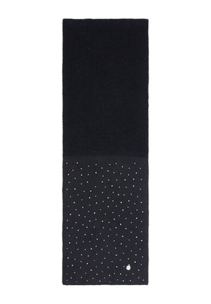 Scarf nera lavorata a maglia con una parte superiore liscia e una sezione inferiore testurizzata caratterizzata da pois argentati, strutturata in forma rettangolare.