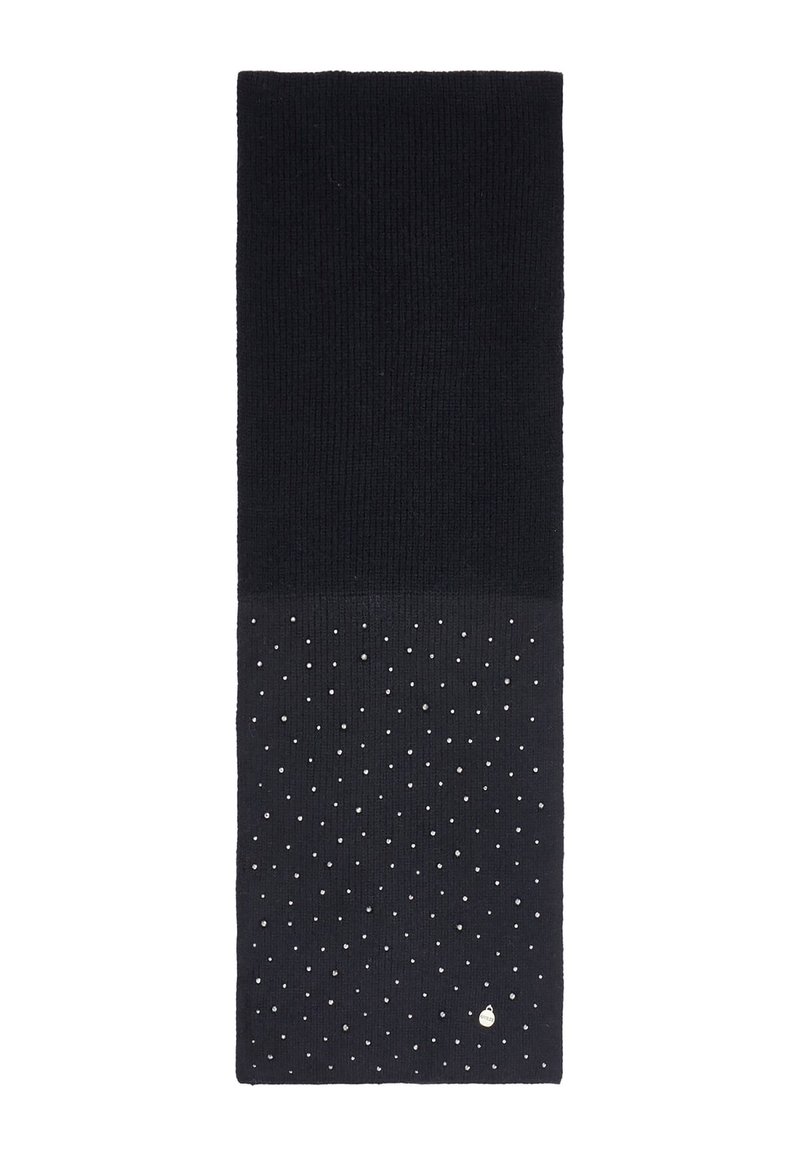 Scarf nera lavorata a maglia con una parte superiore liscia e una sezione inferiore testurizzata caratterizzata da pois argentati, strutturata in forma rettangolare.