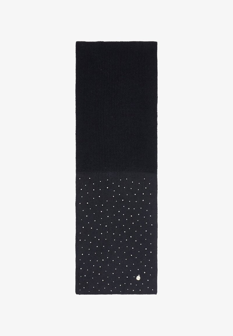 Scarf nera lavorata a maglia con una parte superiore liscia e una sezione inferiore testurizzata caratterizzata da pois argentati, strutturata in forma rettangolare.
