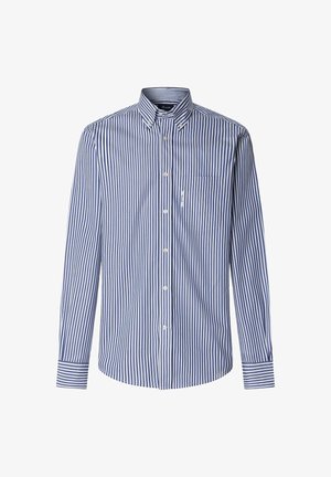 Blauw-wit gestreept shirt met lange mouwen, een button-down kraag, een zak aan de linkerborst en blauwe details bij de manchetten.