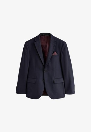 Marineblazer met twee voorkanten zakken, twee knopen sluiting, ingeknipte revers en een gemarmerde bordeauxvoering. Inclusief een bijpassende pochet.