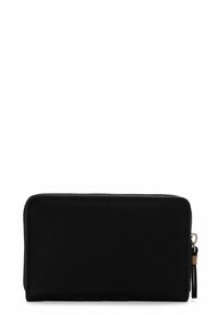 Black wallet made of fabric with a smooth texture. Rectangular shape with a zip closure and a small leather accent on the side.
