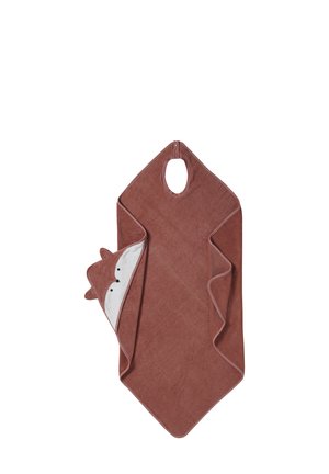 Kids' brown hooded towel with fox face and ears on the hood, oval neck opening, and soft absorbent fabric.