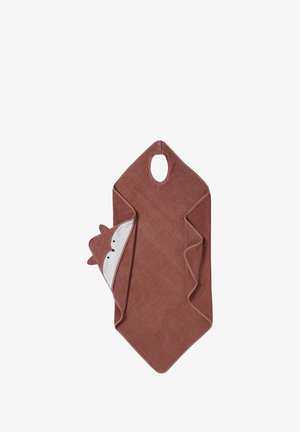 Kids' brown hooded towel with fox face and ears on the hood, oval neck opening, and soft absorbent fabric.
