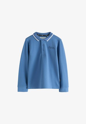 Niebieska koszulka polo z długim rękawem, białą lamówką na kołnierzyku, trzema guzikami i logo "Baker by Ted Baker" na piersi oraz metce.