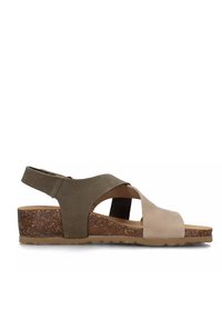 Sandali da donna con tacco a zeppa in sughero, caratterizzati da cinturini in pelle color oliva e beige e un design con punta aperta. Include un cinturino regolabile sul retro.