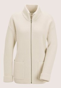 Cremfarbener, gerippter Strickcardigan mit durchgehendem Reißverschluss, hohem Kragen, langen Ärmeln und zwei vorderen aufgesetzten Taschen.