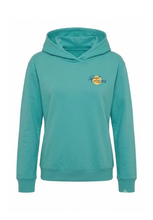 Teal hooded sweatshirt with long sleeves and a small "Saint Tropez" logo in blue and yellow on the left chest.