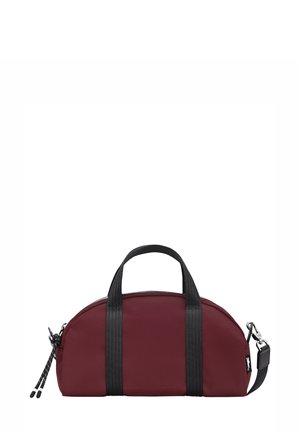 Small maroon bag with black handles and adjustable shoulder strap, rounded top, and double zipper pulls on white background.