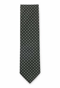 Black tie with a textured fabric, featuring a repeating small white geometric pattern. Narrows at the bottom, classic design.