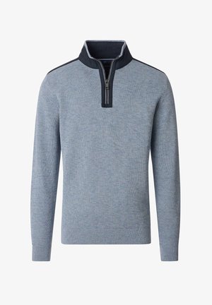 Blue knit pullover sweater with a zip collar, featuring a textured pattern and black shoulder accents. Long sleeves and ribbed cuffs.
