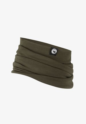 Fascia verde oliva realizzata in un tessuto elastico e morbido. Presenta torsioni lungo tutto il perimetro e un piccolo marchio nero. Adatta per diverse attività all'aperto.