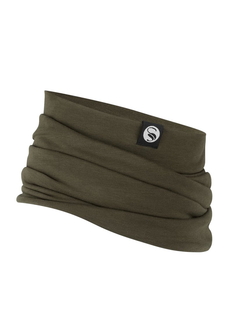 Bandeau vert olive en tissu extensible et doux. Présente des torsades et une petite étiquette de logo noire. Convient à diverses activités de plein air.