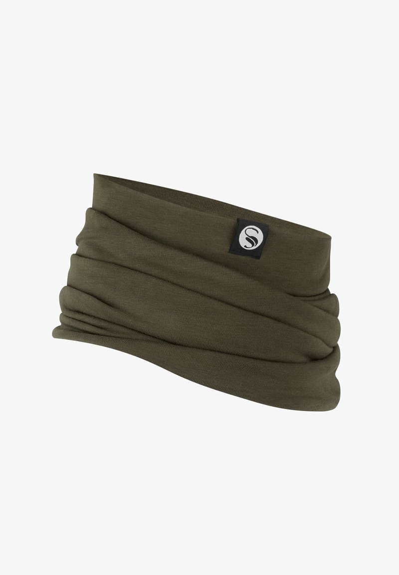 Fascia verde oliva realizzata in un tessuto elastico e morbido. Presenta torsioni lungo tutto il perimetro e un piccolo marchio nero. Adatta per diverse attività all'aperto.