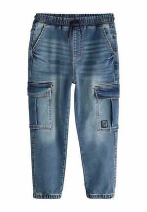 Denim cargobyxor i medelblått med elastisk midja och dragsko. Har två sidofickor och två stora cargofickor.