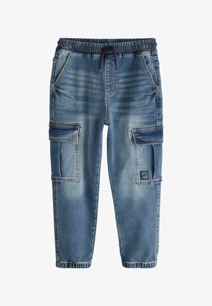 Mėlynos džinsinės krovinių kelnės su elastinga juosta ir raišteliu. Savybė - dvi šoninės kišenės ir dvi didelės krovinių kišenės.