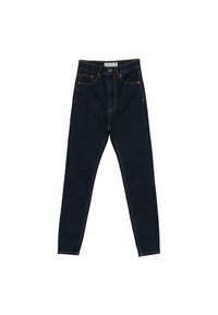 Mörkblå denimjeans med hög midja, slim fit och orange sömmar. Femficksdesign med knapp och dragkedja.