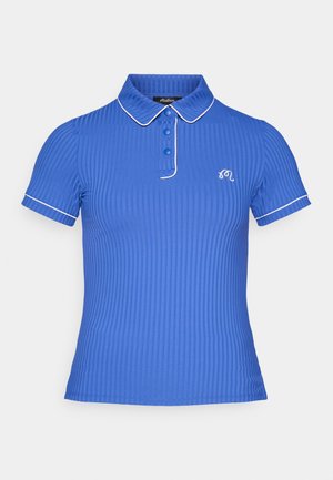 Polo shirt blu a coste con collare, apertura a tre bottoni, bordi bianchi alle maniche e al colletto, con logo ricamato.