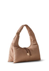 Brown textured fabric handbag with a unique rounded shape, zip closure, and a padded handle. Gold hardware accents enhance its design.