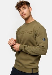 Sudadera de color verde oliva con logo texturizado, puños acanalados y dobladillo. Presenta un parche en la manga izquierda y una etiqueta lateral. Textura de tela suave.