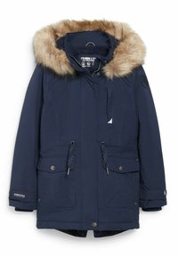 Navy blue parka jacket with a faux fur hood, zip and button closure, two front pockets, and drawstring waist for fit adjustment.