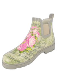 Bottines à motif floral en beige clair avec des roses roses, des accents verts et des panneaux élastiques gris. Semelle en caoutchouc texturé pour une meilleure adhérence.