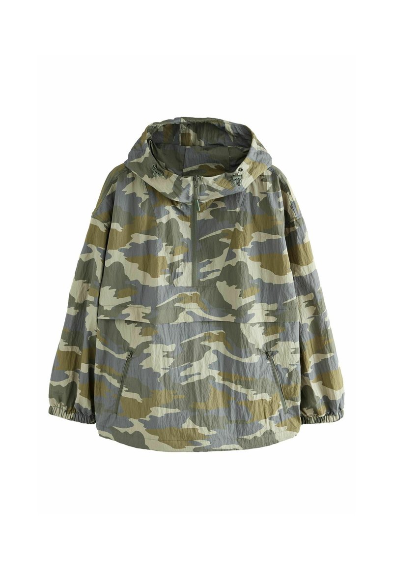 Roheline ja hall kamoflaažmustris pullover-jakk. Omab kapuutsi, eespoolset poolt-naelatust ja elastseid mansette, mis annavad vormitud ilme. Kerge materjal.