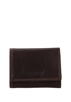 Bruine leren portemonnee met een gestructureerde afwerking, voorzien van contrasterende stiksels en "VENEZIA" branding aan de voorkant. Compact driehoekig ontwerp.