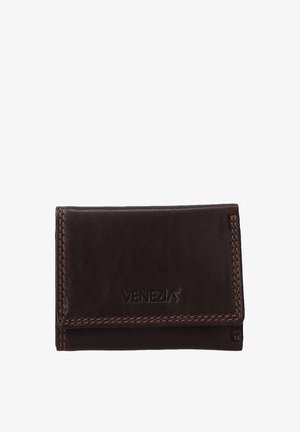 Portefeuille en cuir marron avec une finition texturée, présentant des coutures contrastantes et la marque "VENEZIA" à l'avant. Design triangulaire compact.
