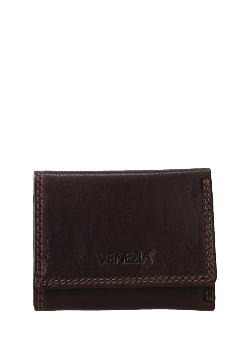 Bruine leren portemonnee met een gestructureerde afwerking, voorzien van contrasterende stiksels en "VENEZIA" branding aan de voorkant. Compact driehoekig ontwerp.