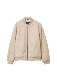 Beige bomber jacket valmistettu teksturoidusta kankaasta, jossa on vetoketju edessä. Siinä on ribbetty kaulus, hihansuut ja helma sekä kaksi sivutaskua.