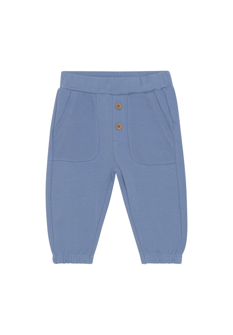 Ljusblåa sweatpants i mjukt tyg, med elastisk midja, två framfickor och tre träknappar framtill.