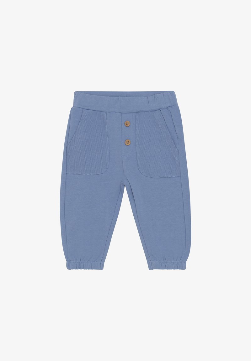 Helleblaue Sweatpants aus weichem Stoff, mit elastischem Bund, zwei Fronttaschen und drei Holzknöpfen an der Vorderseite.