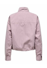 Lichtroze jack met lange mouwen, hoge kraag en elastische zoom, gezien vanaf de achterkant tegen een witte achtergrond.