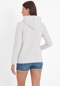 Light gray hoodie with a textured finish, featuring a drawstring hood, ribbed cuffs, and hem, paired with denim shorts.