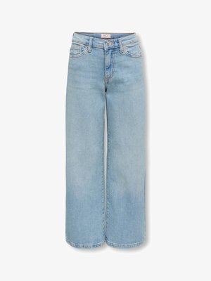 Világoskék, bőszárú farmernadrág elülső és hátsó zsebekkel, gombos záródással és övbújtatókkal, márkajelzés a belső derékrészen.