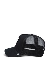Black baseball cap with a solid front panel and mesh back. Features a curved brim and a logo on the side. Adjustable strap for fit.