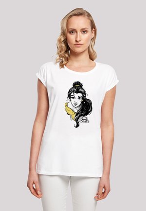 Hvid kortærmet T-shirt med et grafisk motiv af en karakter med sort hår og gule detaljer, med teksten "Skønheden og Udyret" nedenfor.
