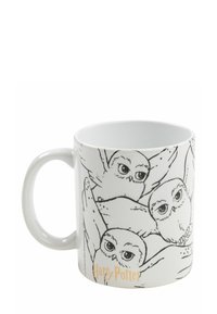 Mug in ceramica bianca con disegni in linea nera di gufi e testo "Harry Potter" in arancione, manico curvo, superficie liscia.