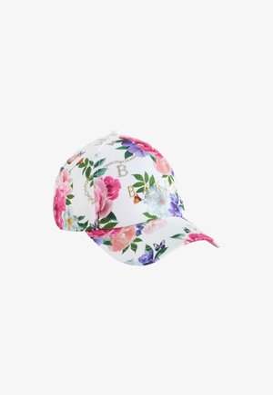 Casquette de baseball blanche avec imprimé floral coloré et lettrage doré indiquant "BAKEN by Ted Baker" sur le panneau avant.