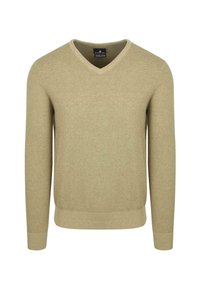 Beige V-Ausschnitt Pullover aus strukturiertem Baumwollmaterial. Lange Ärmel mit gerippten Bündchen und Saum, mit einem dezenten gewebten Muster.