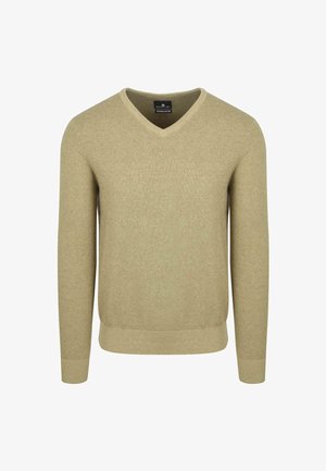 Beige v-hals trui van gestructureerde katoen. Lange mouwen met ribgebreide manchetten en onderkant, met een subtiel geweven patroon.