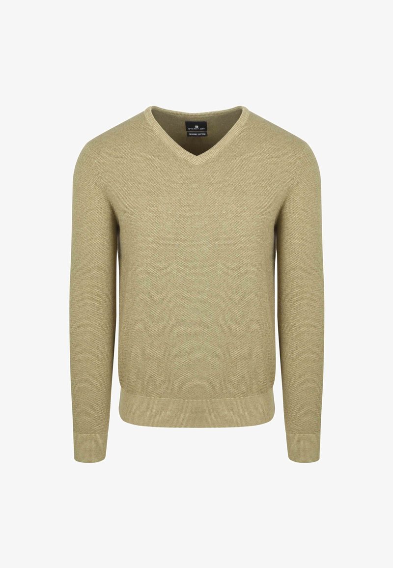 Beige v-hals trui van gestructureerde katoen. Lange mouwen met ribgebreide manchetten en onderkant, met een subtiel geweven patroon.