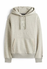 Felpa con cappuccio grigio chiaro, tasca frontale a marsupio, coulisse e un discreto stemma in rilievo con il marchio "Hilfiger" sul petto.