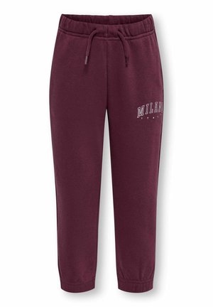 Burgunder joggingbukser med elastisk talje og snøre, elastiske manchetter og hvid Milano Italy tekst på det øverste lår.