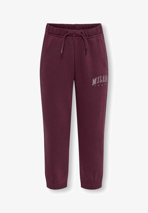 Burgunder joggingbukser med elastisk talje og snøre, elastiske manchetter og hvid Milano Italy tekst på det øverste lår.