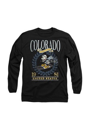 Black long-sleeve t-shirt featuring a Colorado graphic with a cartoon character, text, and decorative elements in light colors.